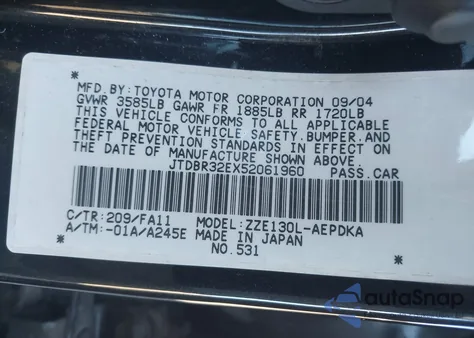 2005 Toyota Corolla Ce from USA, damaged, VIN JTDBR32EX52061960